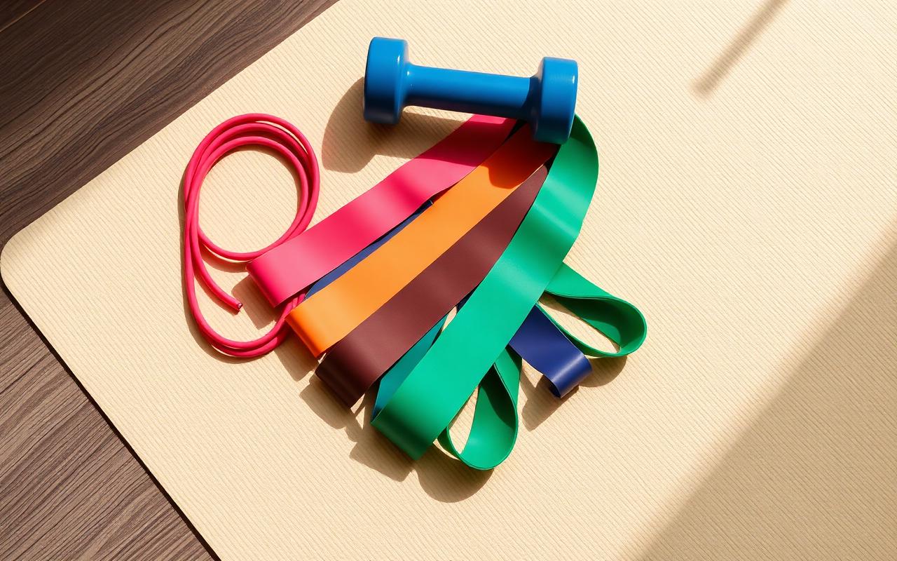 Colorful resistance bands and a blue dumbbell on a yoga mat