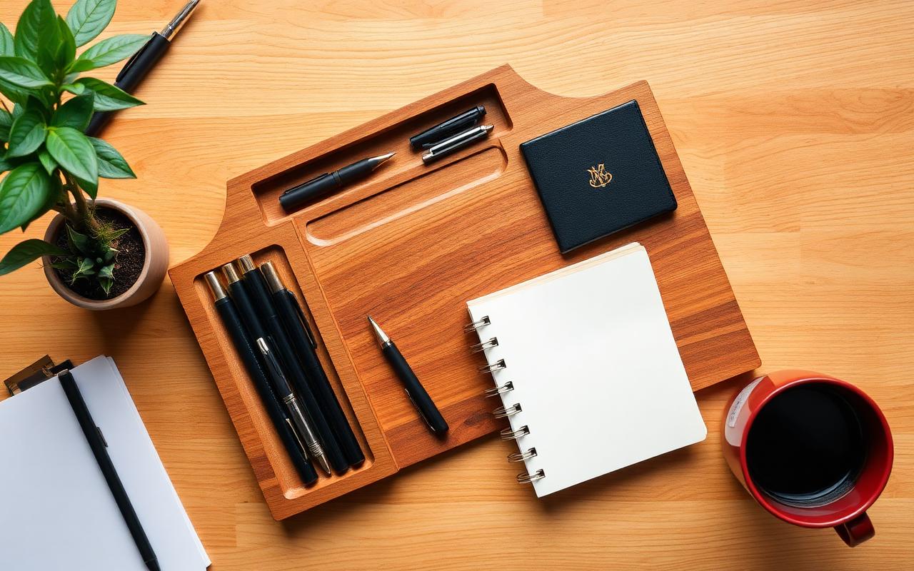 Wooden desk organizer with pens, notebook, and brass clips