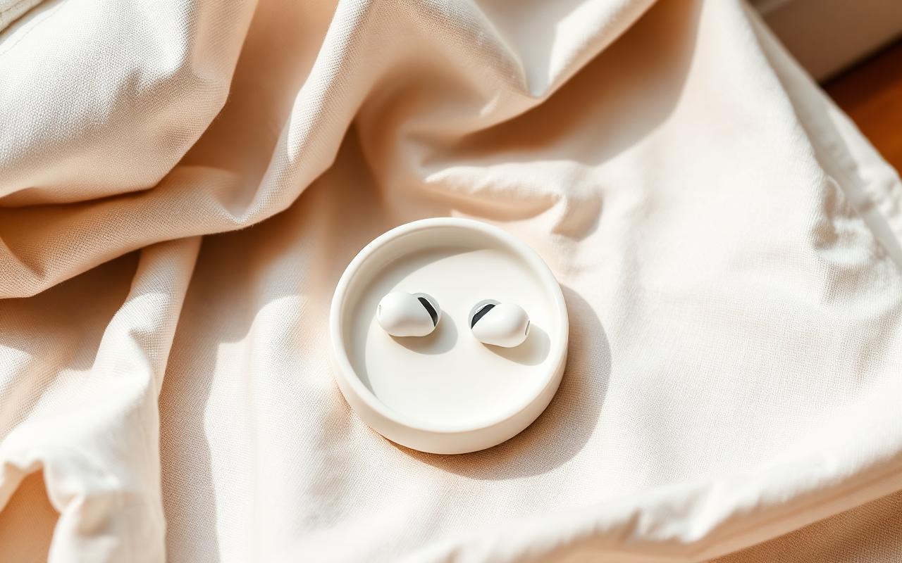Minimalist wireless earbuds resting in a ceramic dish on linen