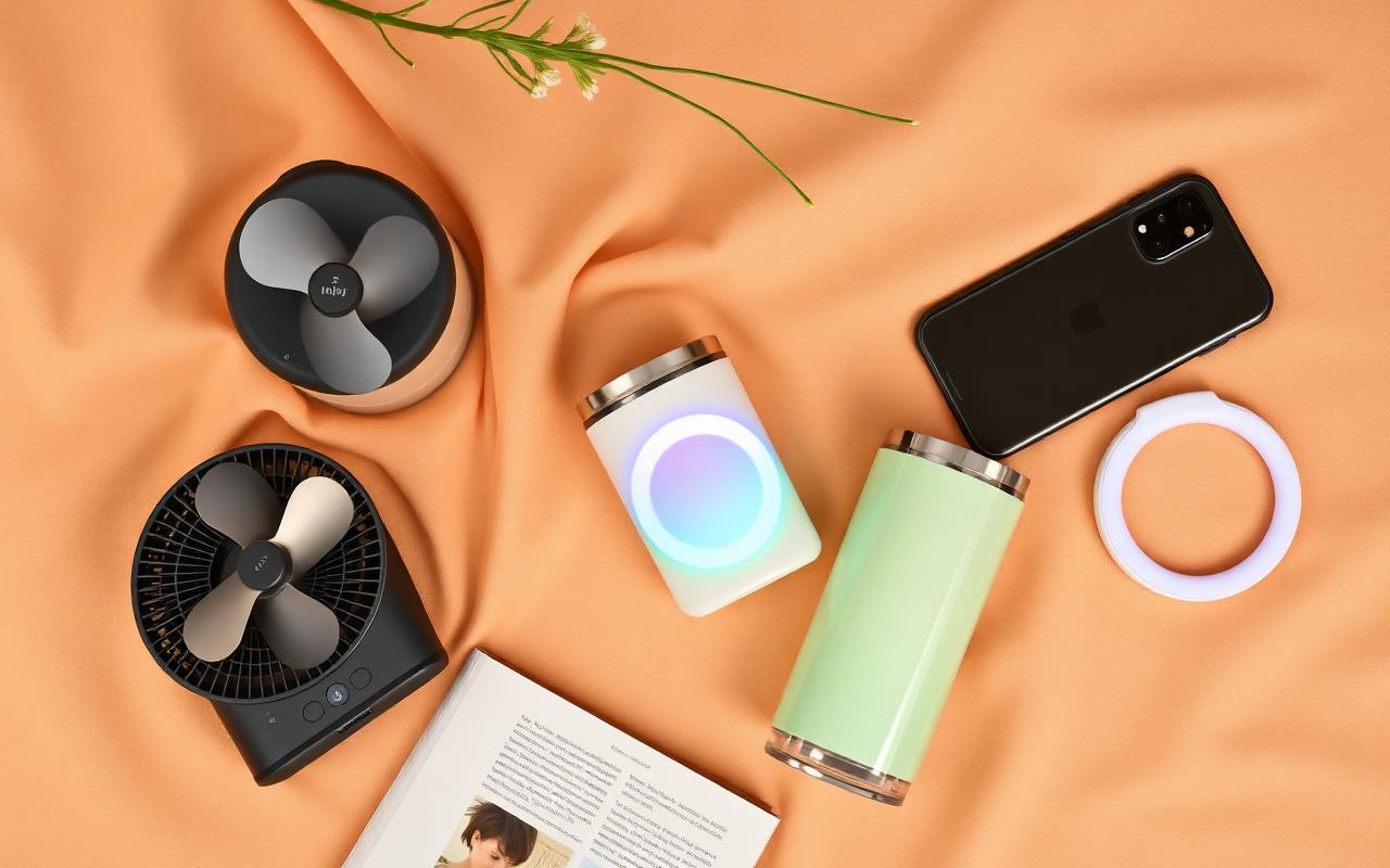 A flat lay of trending products: humidifier, mini fan, color-changing tumbler, and ring light