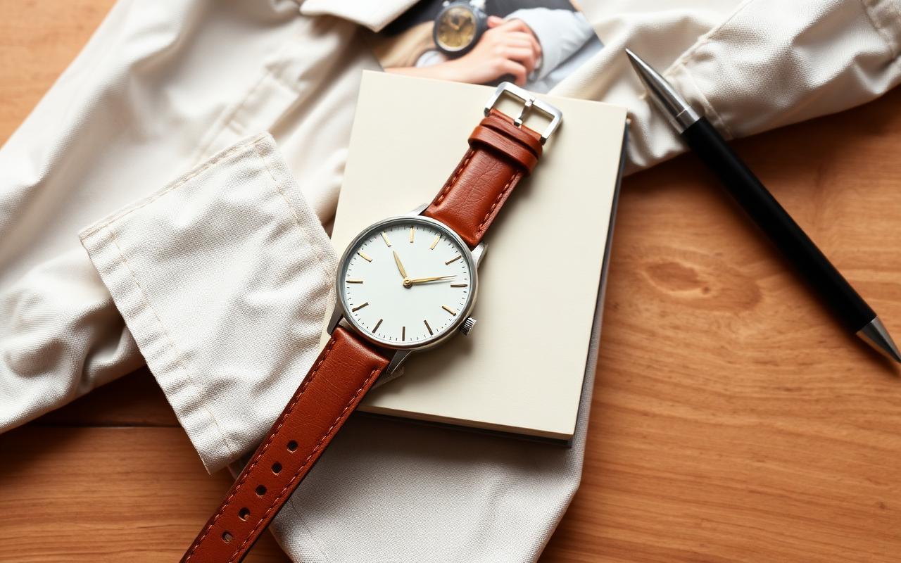 Minimalist analog watch with tan leather strap on a notebook